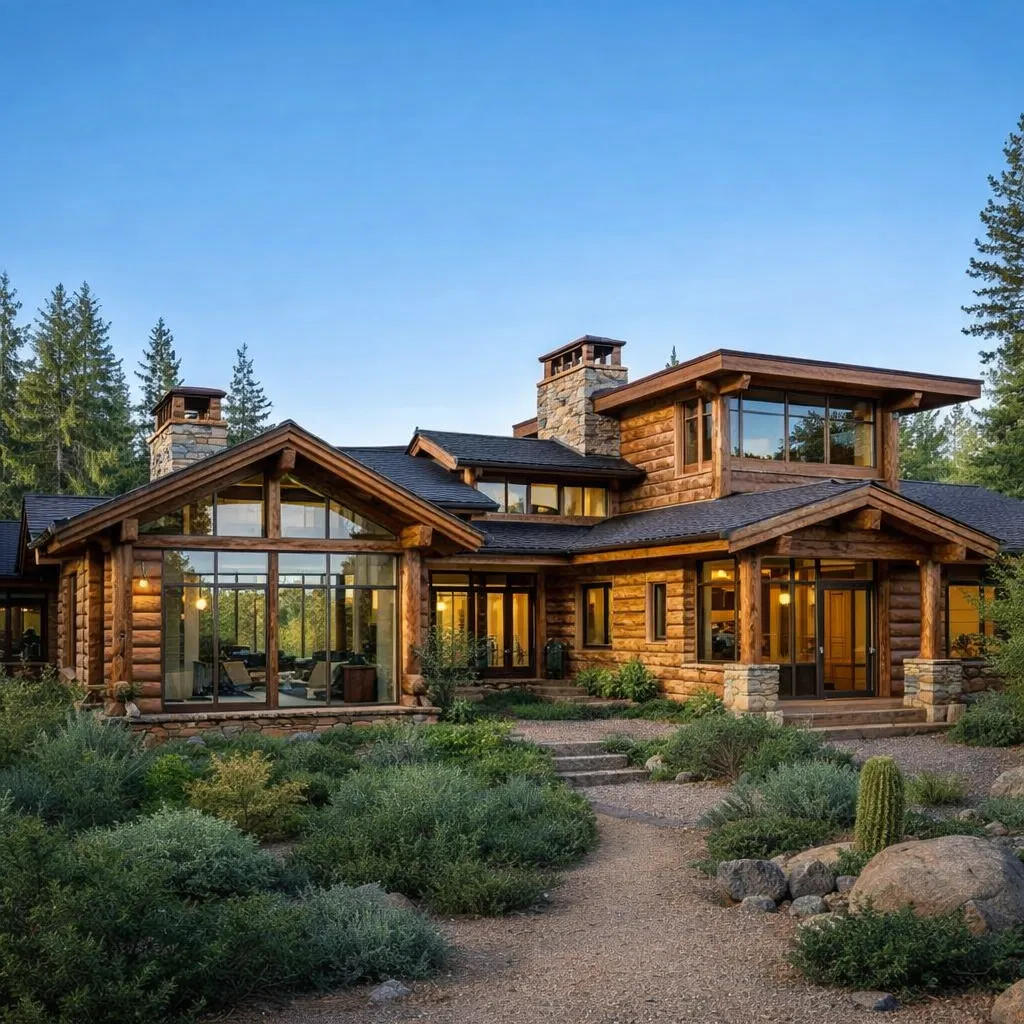Custom log home with large windows and stone accents, surrounded by greenery and a gravel pathway, showcasing Arizona Sawmill Builders' expertise in custom home construction.