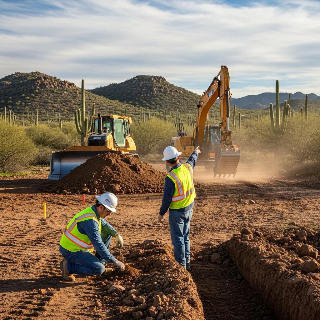 Construction site in rural Southern Arizona with workers in safety vests and helmets preparing land, heavy machinery in background, and cacti in the landscape, highlighting site preparation challenges for custom home building.