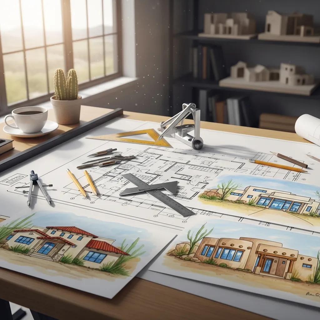 Custom home design plans with architectural tools, featuring sketches of adobe and contemporary styles, reflecting Southern Arizona's building processes and energy-efficient design.