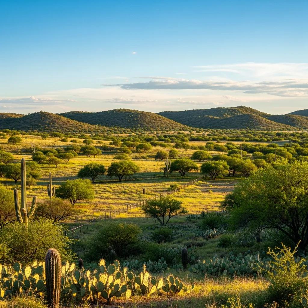 Scenic landscape of rural Southern Arizona showcasing rolling hills, lush greenery, and cacti, highlighting the beauty of Sonoita, Elgin, and Patagonia for prospective land buyers.