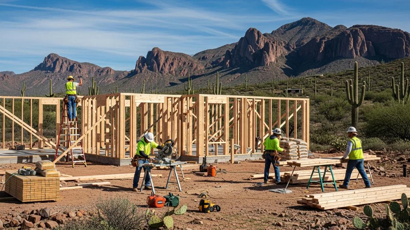 Custom home construction in Arizona showcasing builders at work in a rural setting